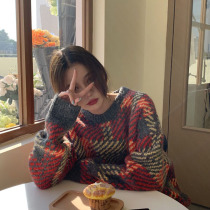 Autumn and winter 2021 New retro plaid color knitwear Korean thick loose medium and long pullover sweater women