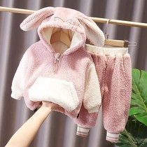 One-piece set for girls and velvet set baby cashmere children autumn and winter baby thickened two-piece set tide