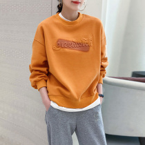 Orange round neck sweater women loose thin 2021 new spring and autumn Korean edition wild letter short long-sleeved top