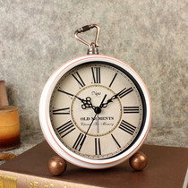 European style retro creative alarm clock Metal impact super loud table clock clock ornaments White Roman Numerals table clock