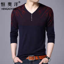 Mens long-sleeved T-shirt new spring and autumn knitted cardigan mens V-neck autumn clothes with chicken collar sweater