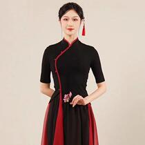 New Classical Dance Dancer Costume Women Black Modern Dance Body Rhyme Style Chinese Wind Qipao With Short Sleeve Blouses