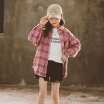 Girls plaid shirt jacket Autumn 2021 new childrens shirt middle and large childrens Korean version of the Foreign sun protection top
