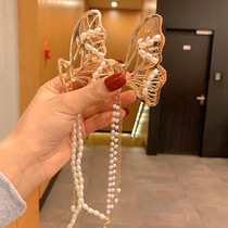Back of the head grab clip retro butterfly tassel hairclip temperament metal pearl pendant female ancient style love Hanfu clip