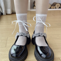  White hollow lace socks summer ultra-thin Japanese jacquard net socks soft sister two-wear strap bow calf socks