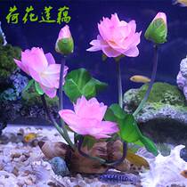 Hot sell emulated lotus root lotus fish tank decoration fake flower aquarium made of scenery wood barrel red lotus silk fabric grass