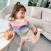  2020 girls  clothing autumn new color strip Korean casual childrens sweater female baby western style thickened and warm in autumn and winter