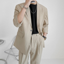 Light cooked wind three-point sleeve striped suit mens summer high-end small suit thin casual ruffian handsome fried street set