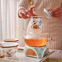 Guochao Herbal Tea Set Glass Pot with Filter Candle Heating Base Bone China Coffee Cup and Saucer Afternoon Teapot Set