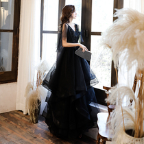 Black high-end temperament banquet celebrity evening dress female noble 2021 new host atmospheric advanced art test