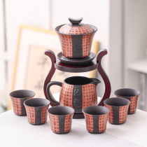 Purple Sand automatic lazy tea set Gongfu tea set Retro home office stone mill teapot tea cup set