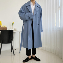 Autumn blue windbreaker mens medium and long Korean version of the trend loose and casual college student mens winter British style coat