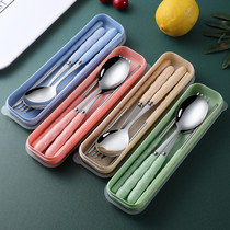 Bento chopsticks spoon set adult dry rice man spoon with storage box wheat straw three sets of student tableware