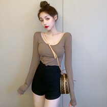 U-neck bottoming shirt womens 2021 spring and autumn new sexy backless long-sleeved t-shirt with design sense niche solid color top