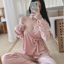 Sexy pajamas female spring and autumn golden velvet two-piece loose Japanese cardigan lace kimono long sleeve home wear winter