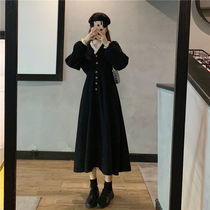 Hepburn Style Small Black Dress 2021 New French Vintage Corduroy Dress Waist Slim Joker Long Skirt