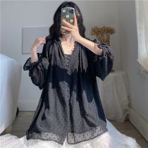 Pregnant women Spring and Autumn chiffon shirt foreign air Korean version of Super fairy age reduction large size black Joker wave dot long sleeve shirt tide