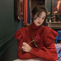 New Year's Red Christmas Turtleneck Sweater Women's Chic Design Sense in Autumn and Winter