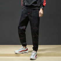 Black jeans mens autumn loose straight trousers stretch casual pants black thin Korean harem pants simple