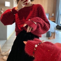 European fashion popular style retro Christmas New Year Red heavy industry nail beads raccoon velvet inside sweater women tide autumn and winter