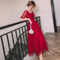 Toast dress Bride small summer square collar can usually wear red wedding engagement return dress dress female