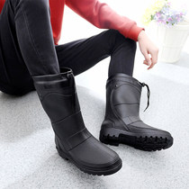 Autumn and winter mens cotton rain shoes thick and velvet non-slip water shoes warm adult fashion car wash high fishing rain boots