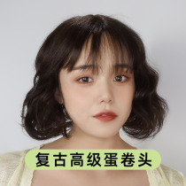 Wig women short curly hair style natural real hair full head wig perm retro short curly hair wig headgear