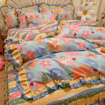 ins pastoral bedding four-piece bed skirt cotton cotton cotton Princess lace quilt cover nude bed non-slip four seasons