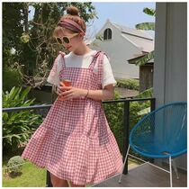 Summer large size new strap skirt small fresh two-piece black and white plaid suspender dress student cake dress