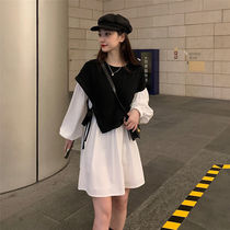Autumn 2020 new retro port flavor design feel fake two pieces waist lantern long sleeve dress womens skirt