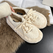 Lamb wool shoes women wear 2021 new Korean version of velvet cotton shoes warm lace casual flat shoes