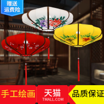 Chinese flying saucer fabric chandelier Opening hotel Hand-painted Chinese painting Classical lamps Chinese style antique hand-painted red lantern