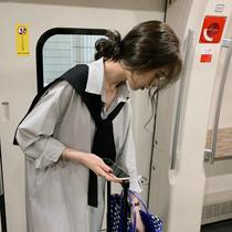 Korean pregnant women autumn dress 2021 new fashion striped shirt dress long top shawl two-piece