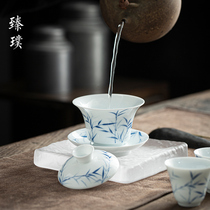Zhen Pu Hand Painted White Porcelain Cover Bowl Single Tea Bowl Tea Cup Tea Tea Tea Set Thin Tire Unhot Hand Pure Handmade Green Flower Porcelain Lid Bowl