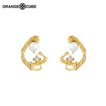 Orange Cube deep sea Bay earrings 925 silver niche design pearl earrings High sense gift