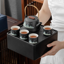 Black pottery travel kung fu tea set Japanese home a pot of four cups portable outdoor storage simple teapot customization