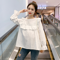 Pregnant womens shirts spring and autumn cover belly doll shirt 2021 early spring top professional loose Korean white shirt