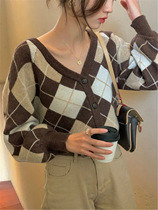 French retro diamond-shaped Plaid V-neck knitted cardigan top womens autumn and winter loose wear lazy sweater coat