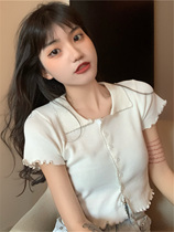 Western style sweet and spicy wind high waist umbilical small short top design sense fungus edge white polo shirt short-sleeved t-shirt women