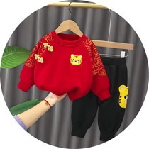 Boys autumn and winter clothes 1-2-3-4 years old and half children plus velvet set baby festive New year clothes baby Foreign tide