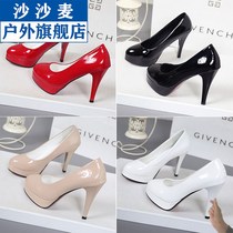 Korean version of black work shoes 2021 autumn new round shoes patent leather waterproof platform fine heel high heels womens fashion single shoes