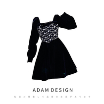 Adam Daisy Mosaic Retro Small Square Neck Velvet Skinny Black Paggy Skirt