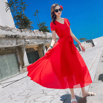 Chiffon dress short sleeve summer Hainan Sanya blue red waist slim beach dress seaside travel dress