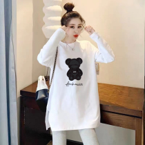 Pregnant woman beating undershirt spring autumn clothing Han version loose with long style round collar pure cotton lower swing open fork long sleeve T-shirt blouses woman
