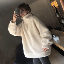 Lambskin sweater womens 2021 autumn and winter new high-class sense high-collar loose pullover plus velvet thickened Korean version of the jacket