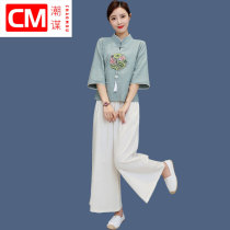  Republic of China retro womens clothing Traditional Chinese medicine Museum Teahouse Health Museum Chinese overalls Chinese style Hanfu Tang clothing tea art clothing Summer