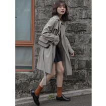 Gray windbreaker womens long suit collar double-breasted lace student small man loose English coat
