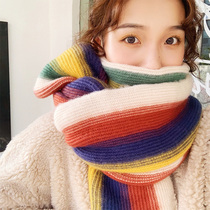 Scarf Women Autumn and Winter Rainbow Striped Knitted Wool Joker Japanese ins Student Cute Girl Couple Bib