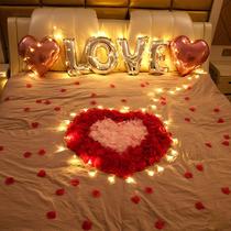 Male and female friends make romantic surprise confession proposal rose petal hotel bed room balloon arrangement Valentines Day