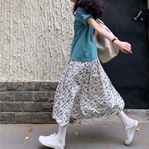 (Two-piece set)American printed short-sleeved T-shirt Vintage age-reducing floral skirt Summer fashion suit for women